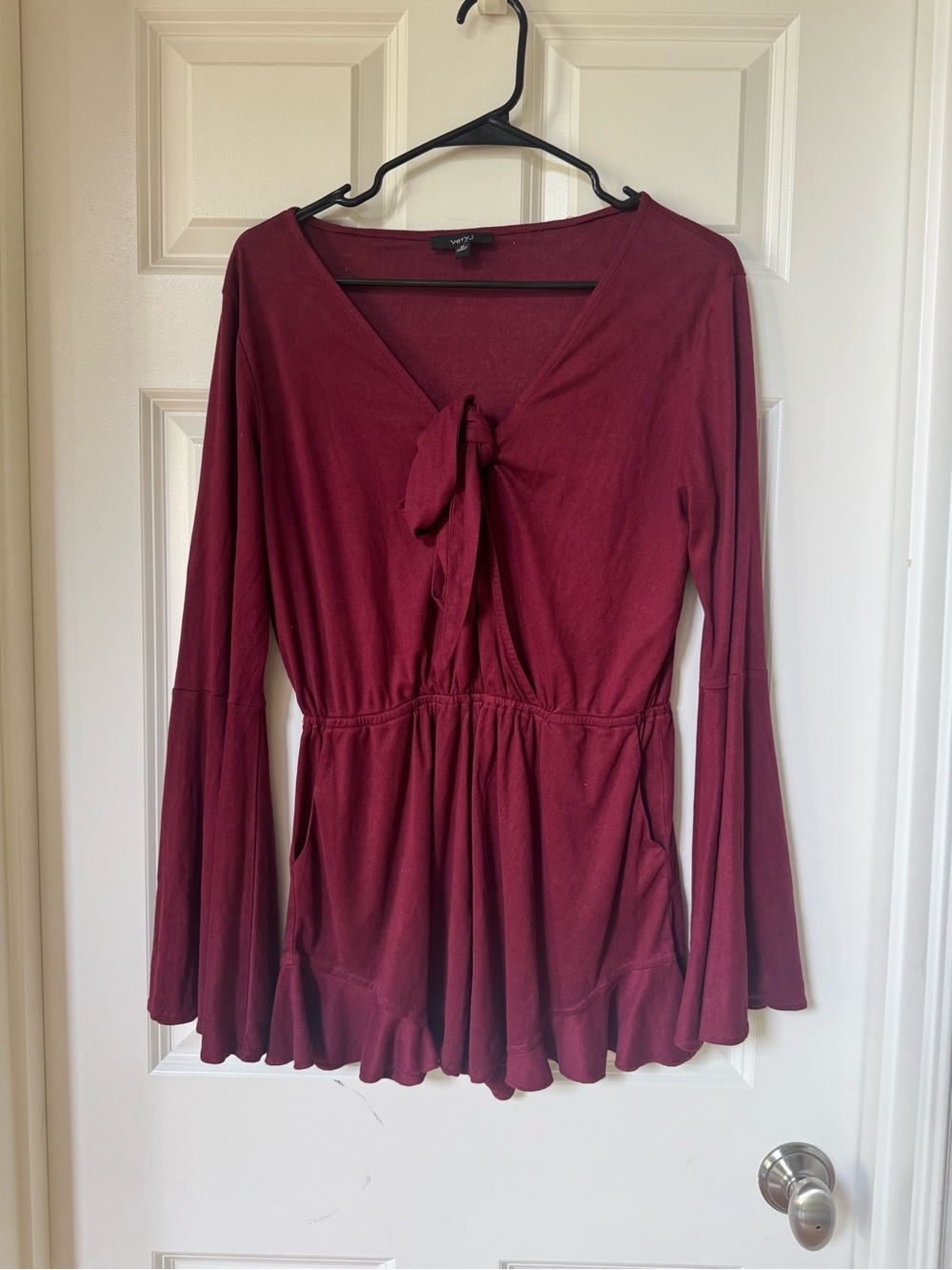 Women’s Tie-Front Peplum Long-Sleeve Romper - Burgundy